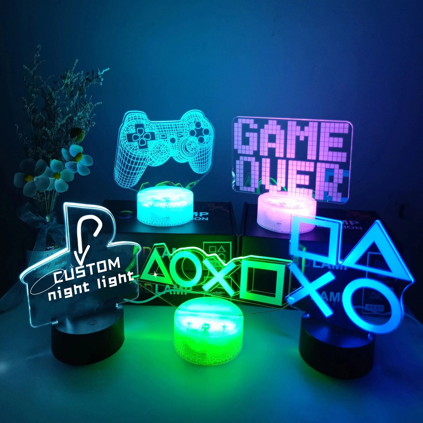 3D Kristall Gamer Lampa med Fjärrkontroll – 16 Färger & Uppladdningsbar