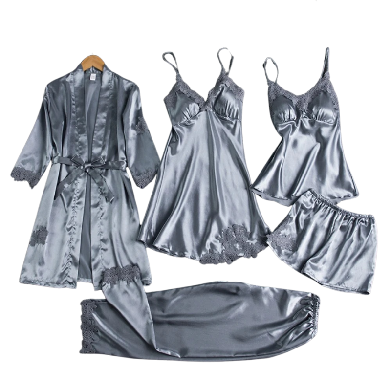 Satin Nattklädesset Dam 5-i-1 | Lyxiga Pyjamas med Spetsdetaljer