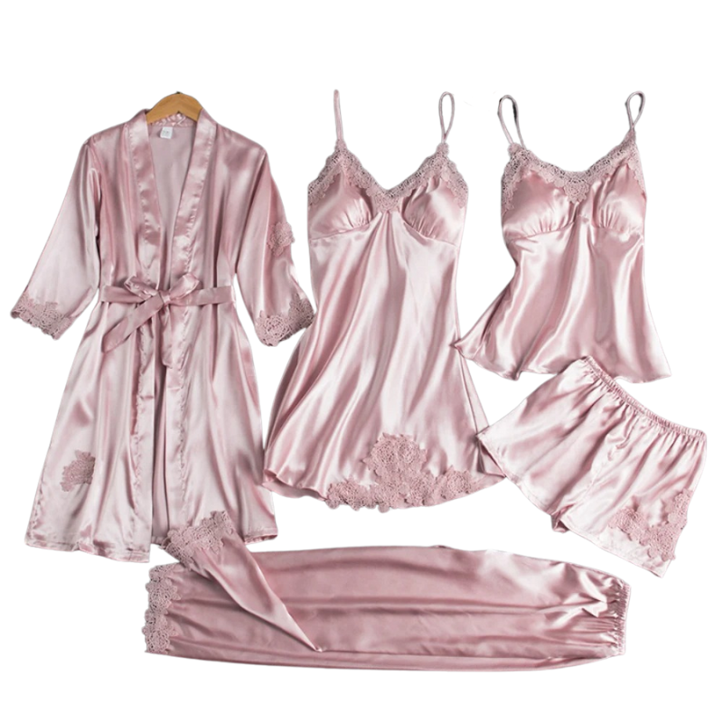 Satin Nattklädesset Dam 5-i-1 | Lyxiga Pyjamas med Spetsdetaljer