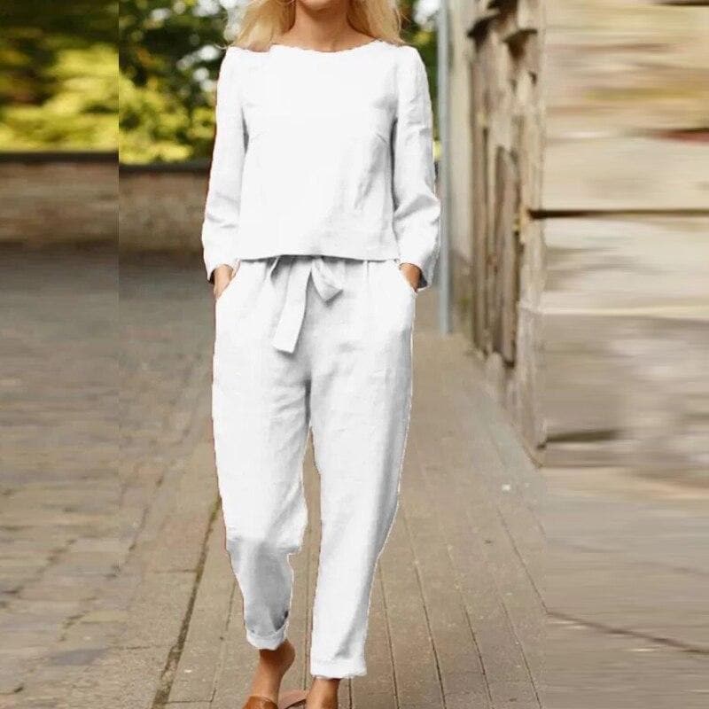Tvådelad linnelook set för dam – beige sommarset med långärmad topp och byxa