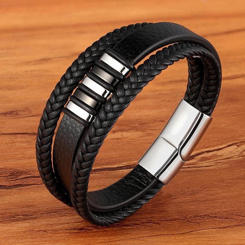 Elegant flätat läderarmband för män – Rostfritt stål, magnetiskt spänne