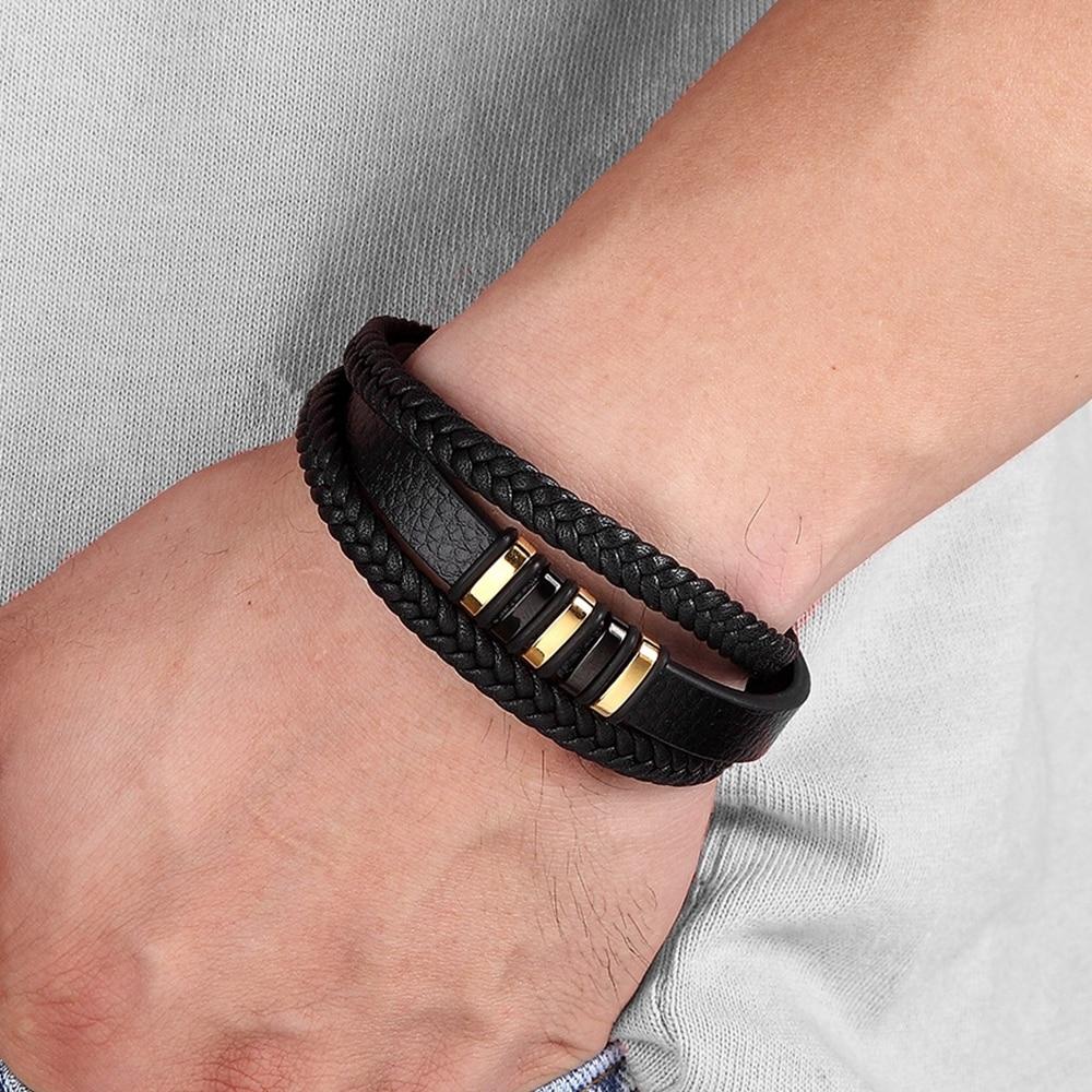 Elegant flätat läderarmband för män – Rostfritt stål, magnetiskt spänne