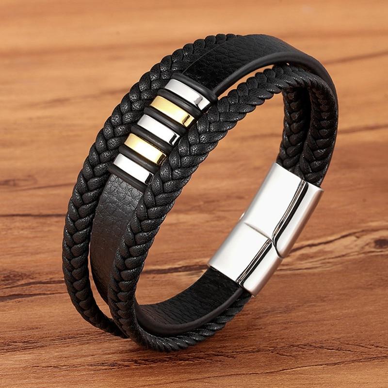 Elegant flätat läderarmband för män – Rostfritt stål, magnetiskt spänne