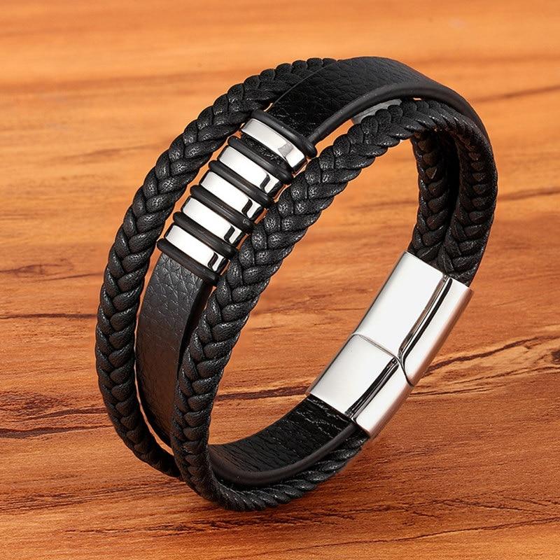 Elegant flätat läderarmband för män – Rostfritt stål, magnetiskt spänne