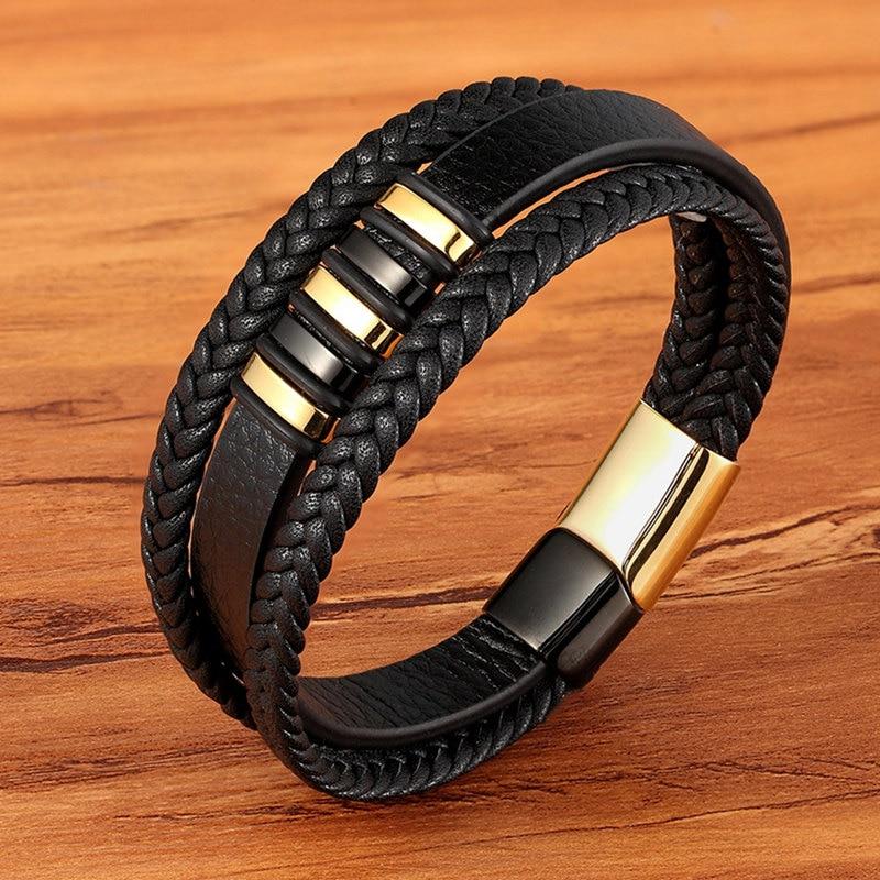 Elegant flätat läderarmband för män – Rostfritt stål, magnetiskt spänne