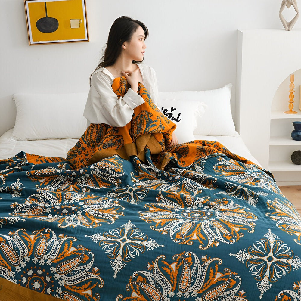 Bohem Plaid Fleecefilt – 100% Bomull i Boho Stil med Geometriskt Mönster för Säng & Soffa