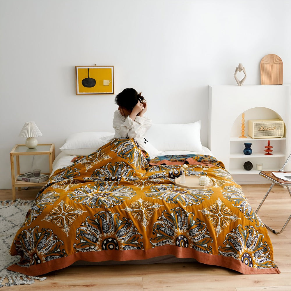 Bohem Plaid Fleecefilt – 100% Bomull i Boho Stil med Geometriskt Mönster för Säng & Soffa