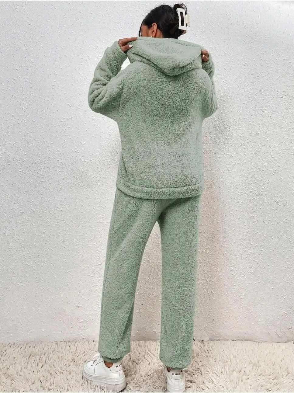 Supermjuk vit teddy lounge set för dam – Hoodie & byxa i fleece