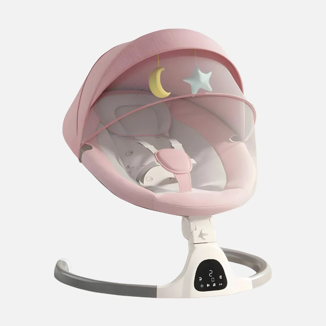Babygunga Elektrisk by LV – Bluetooth Gunga med App & Fjärrkontroll, Ergonomisk Spädbarnsgunga 0–9 Mån, Rosa/Grå