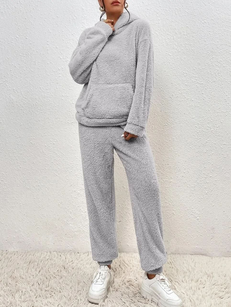 Supermjuk vit teddy lounge set för dam – Hoodie & byxa i fleece