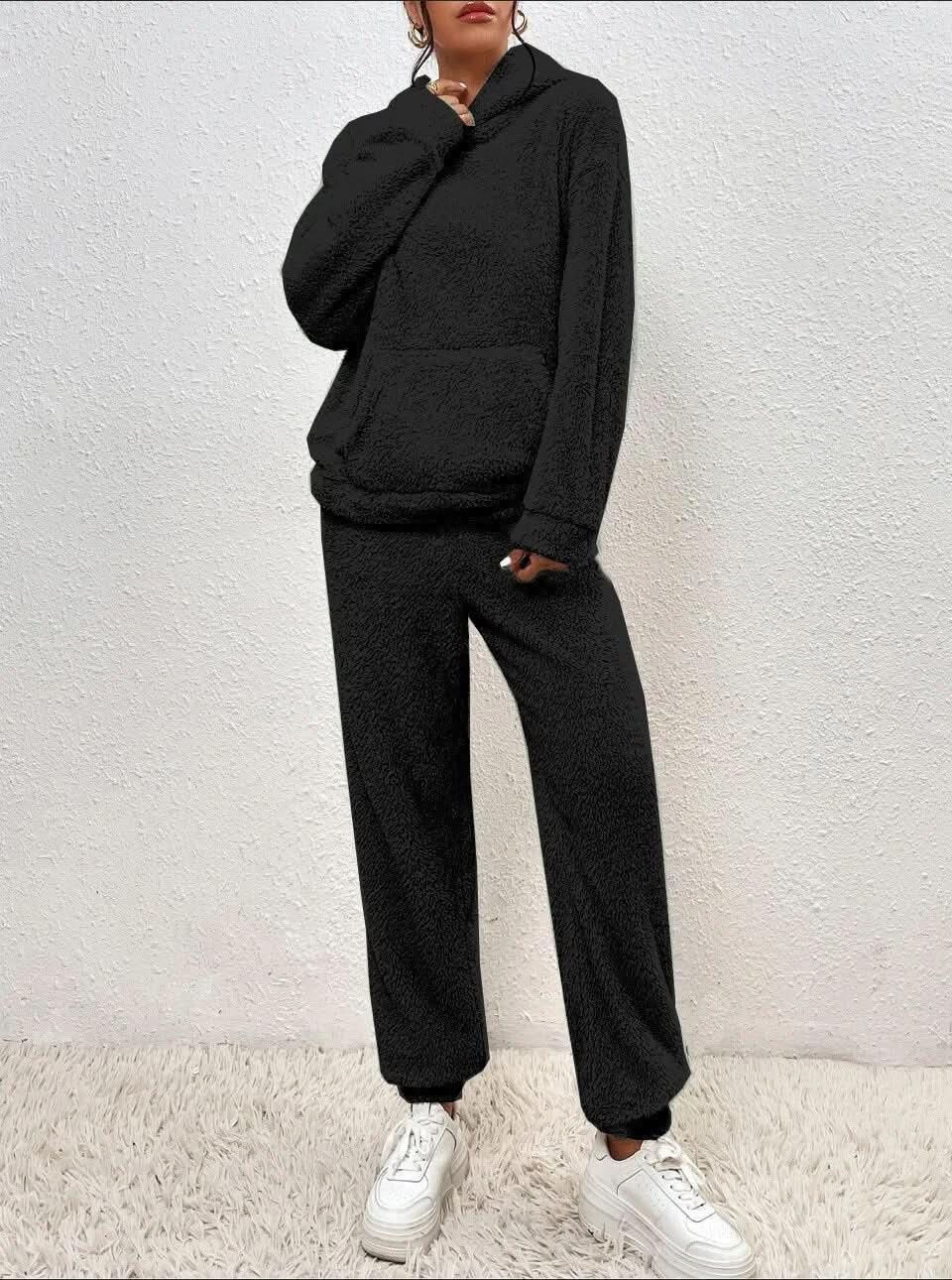 Supermjuk vit teddy lounge set för dam – Hoodie & byxa i fleece
