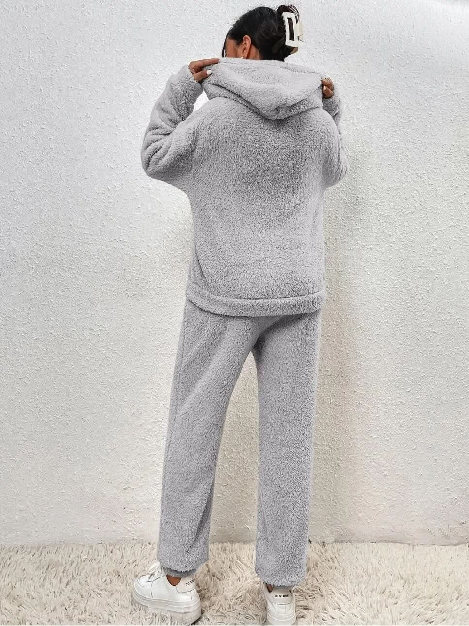 Supermjuk vit teddy lounge set för dam – Hoodie & byxa i fleece