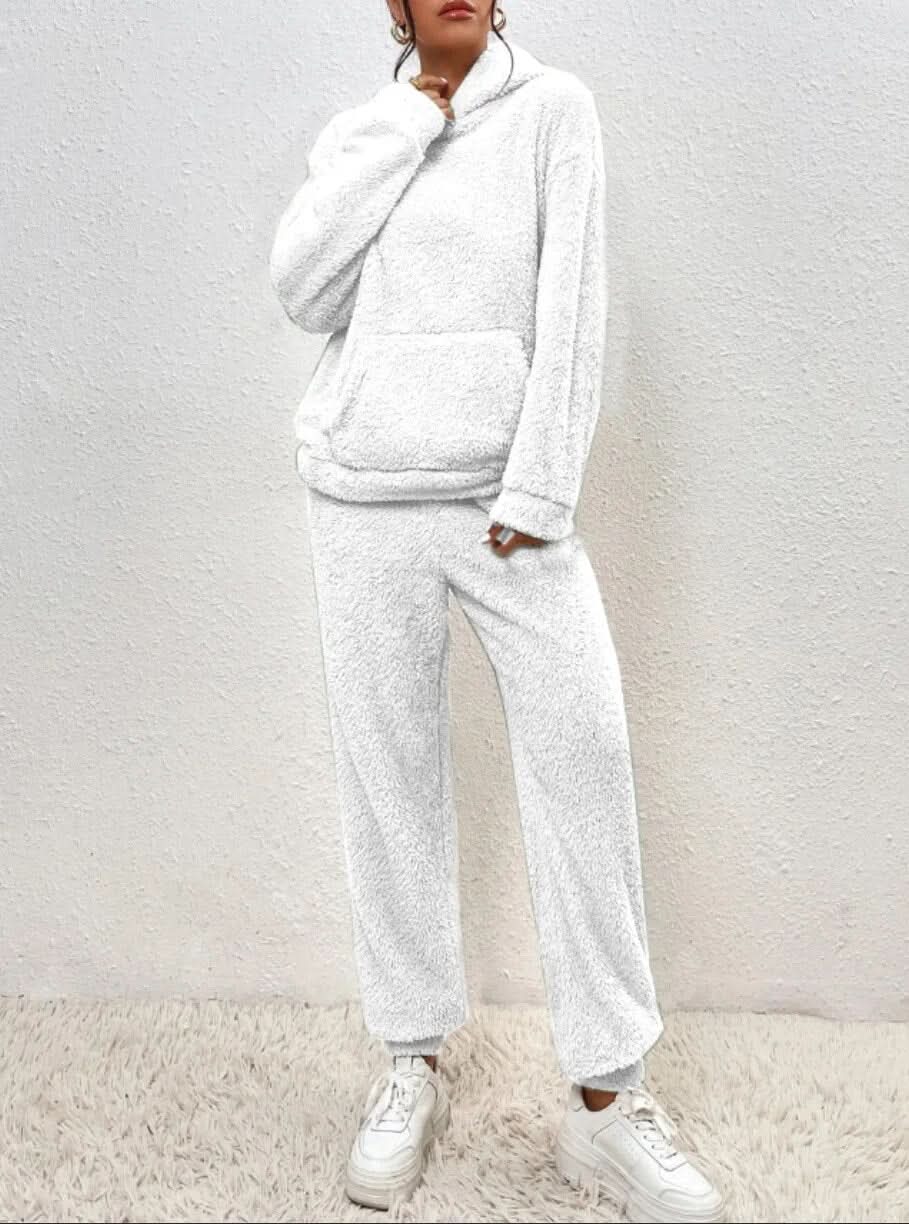 Supermjuk vit teddy lounge set för dam – Hoodie & byxa i fleece