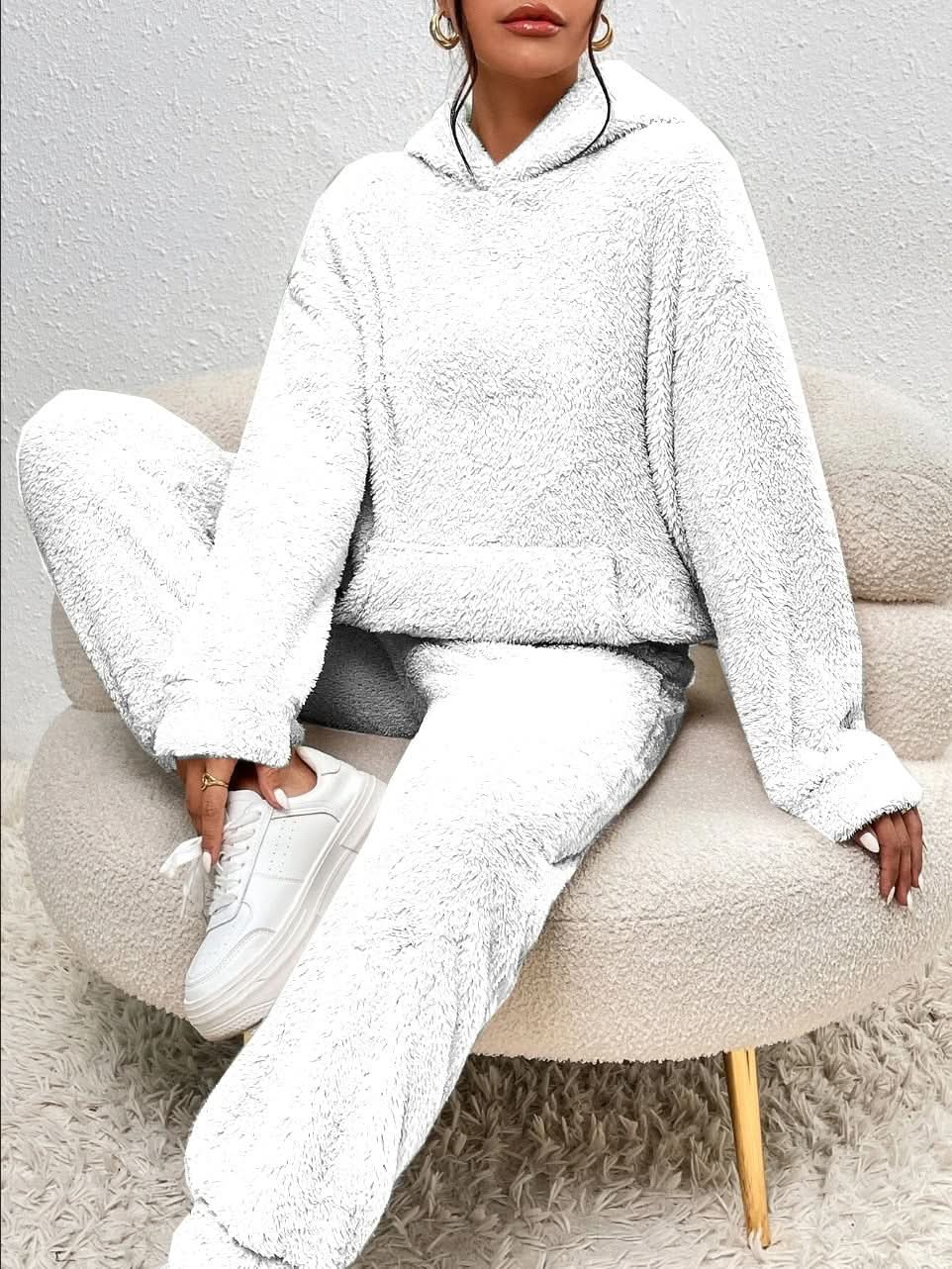 Supermjuk vit teddy lounge set för dam – Hoodie & byxa i fleece