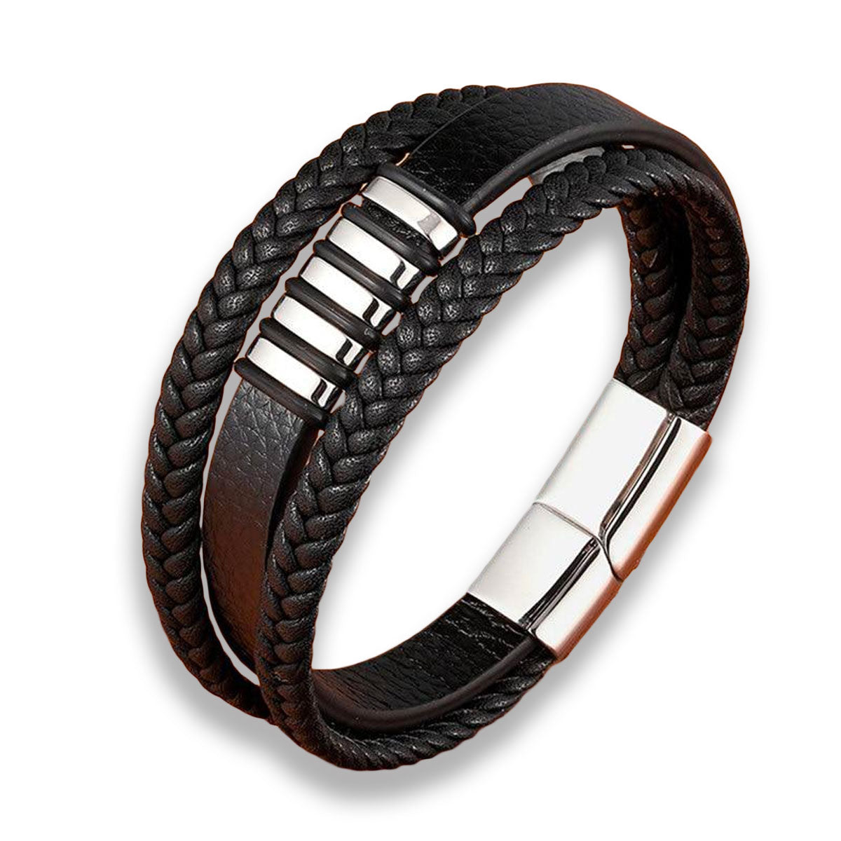 Elegant flätat läderarmband för män – Rostfritt stål, magnetiskt spänne