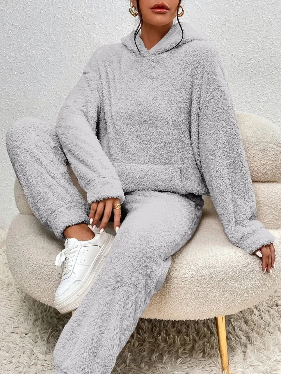 Supermjuk vit teddy lounge set för dam – Hoodie & byxa i fleece