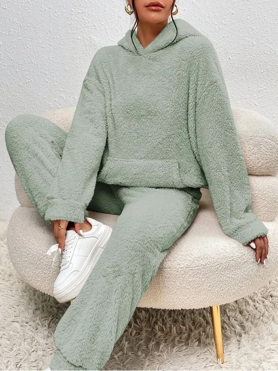Supermjuk vit teddy lounge set för dam – Hoodie & byxa i fleece