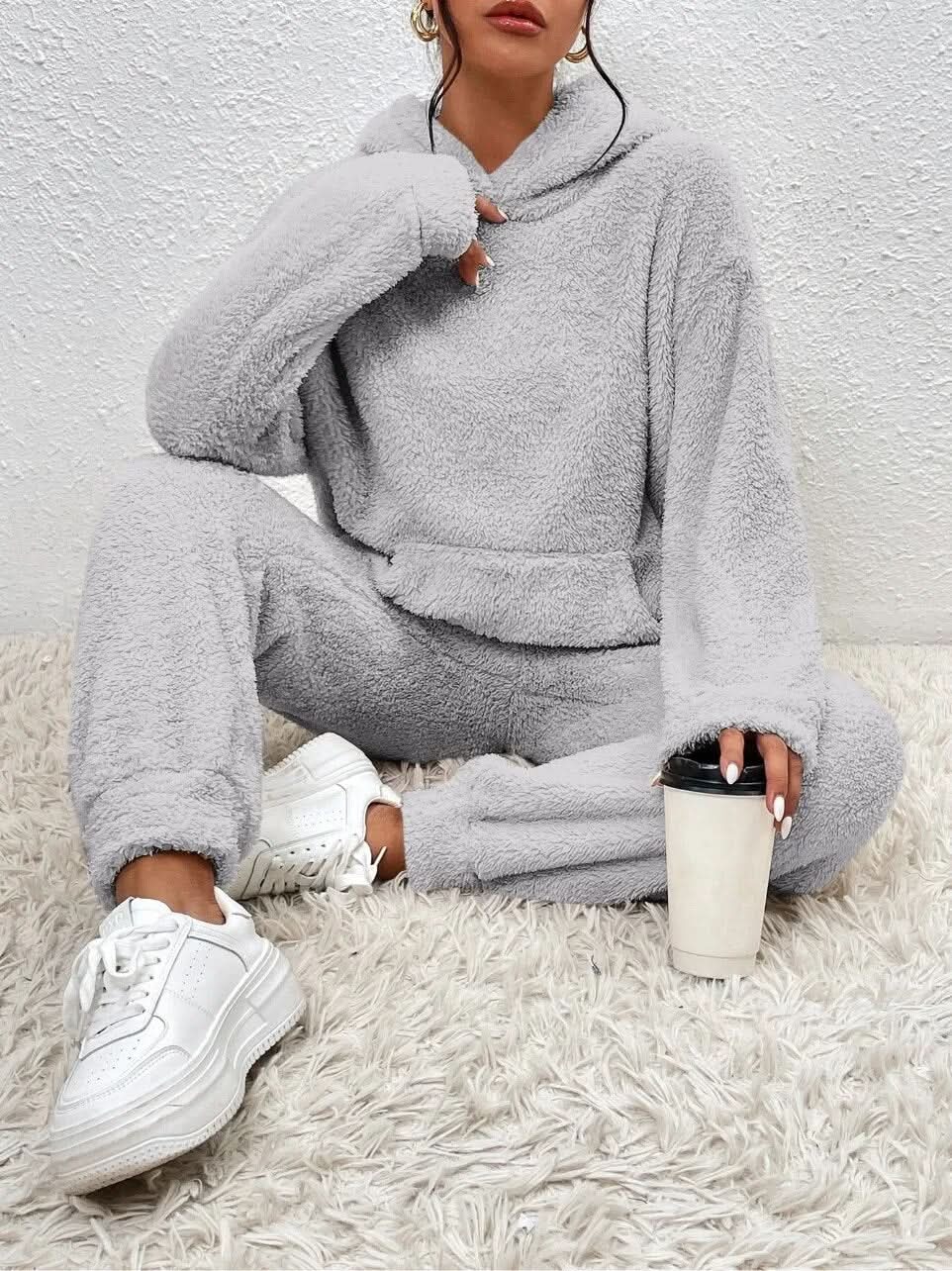 Supermjuk vit teddy lounge set för dam – Hoodie & byxa i fleece