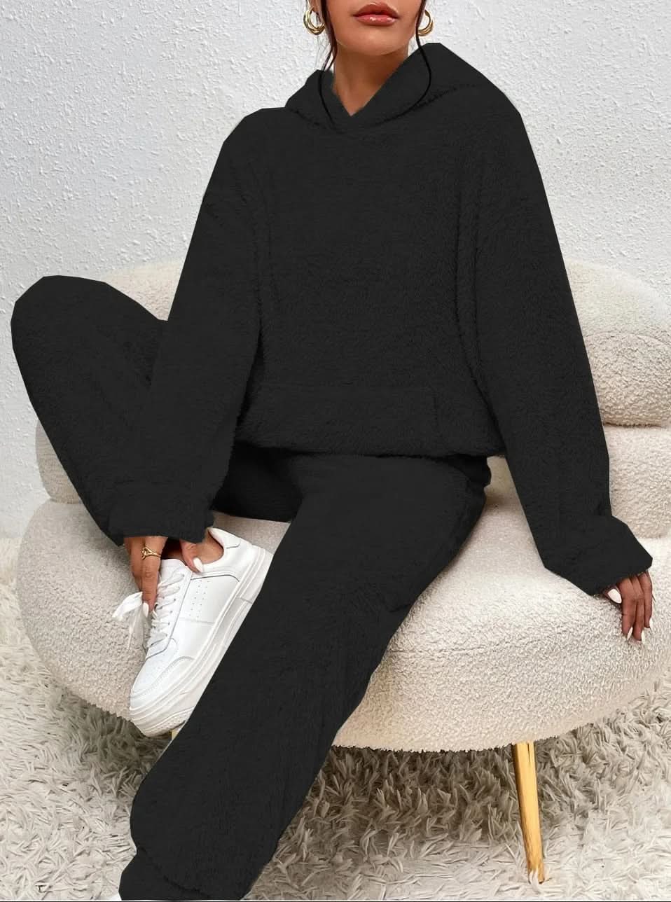 Supermjuk vit teddy lounge set för dam – Hoodie & byxa i fleece