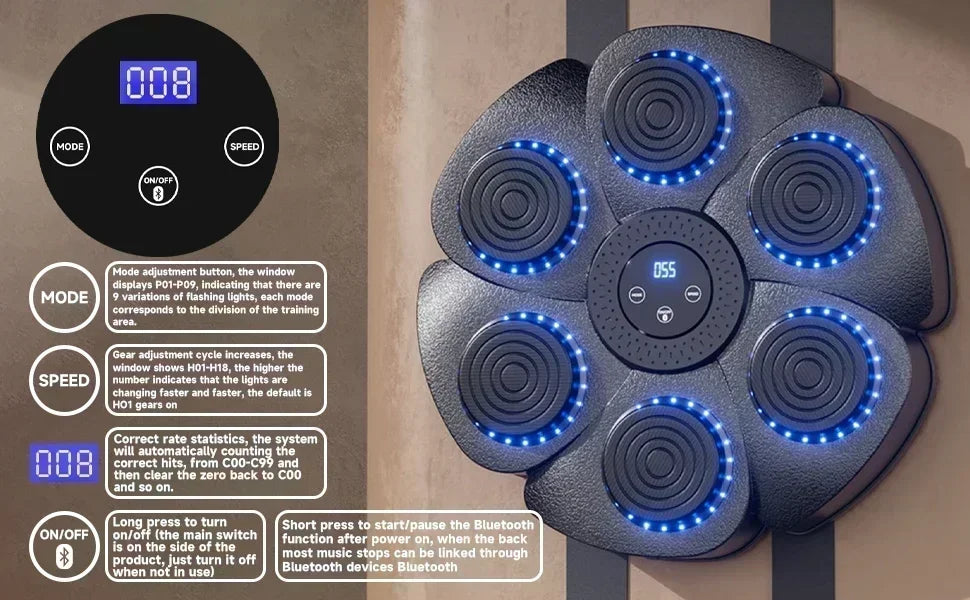 Maximus Smart Boxningsmaskin – Interaktiv Boxningsvägg med Bluetooth, Ljus & 9 Träningslägen | För Barn & Vuxna
