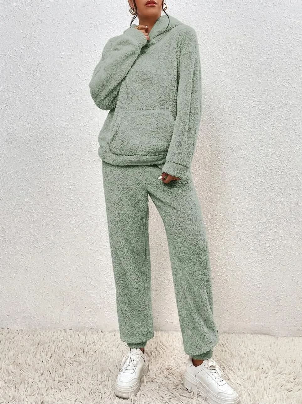 Supermjuk vit teddy lounge set för dam – Hoodie & byxa i fleece