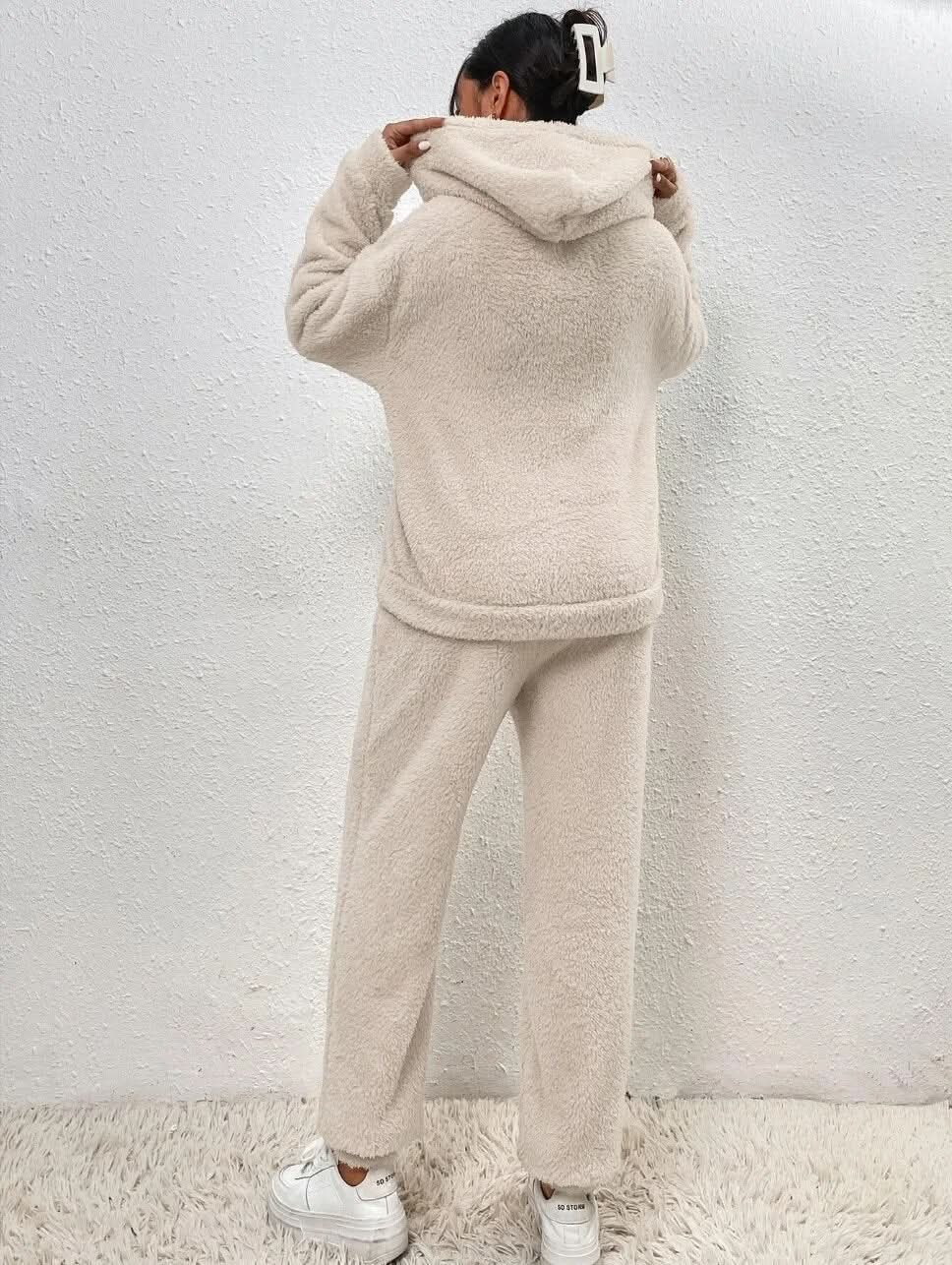 Supermjuk vit teddy lounge set för dam – Hoodie & byxa i fleece