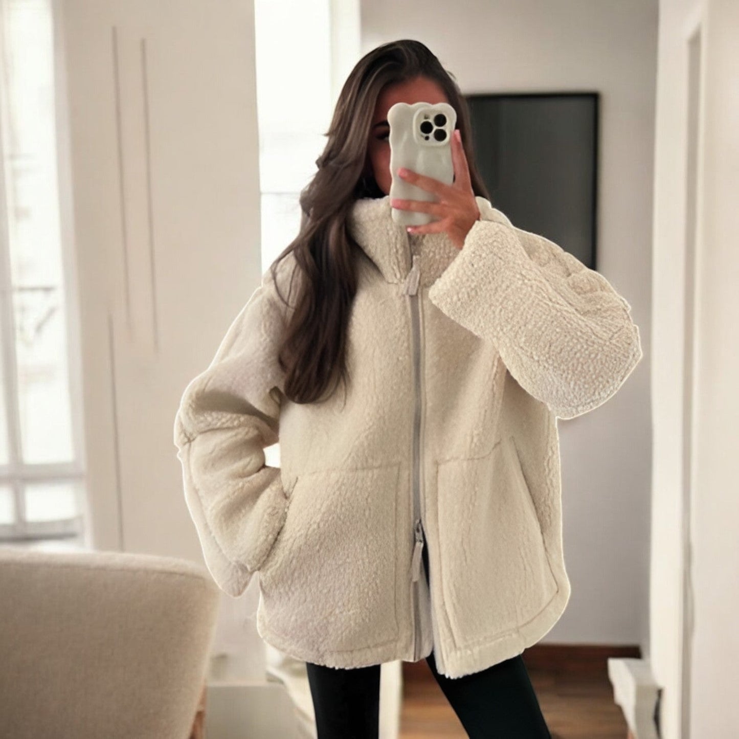 Oversized teddyjacka med dragkedja – Varm och trendig fleece i crèmevit nyans
