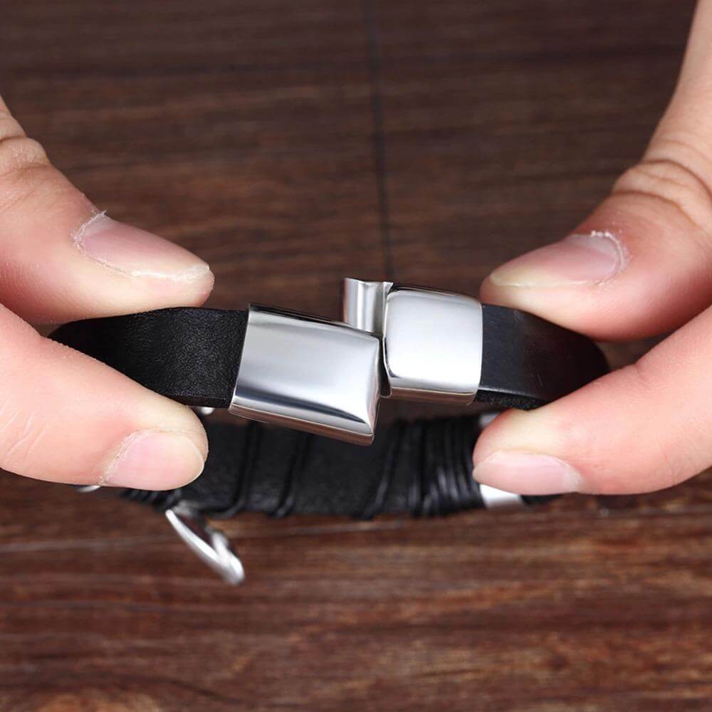 Elegant flätat läderarmband för män – Rostfritt stål, magnetiskt spänne