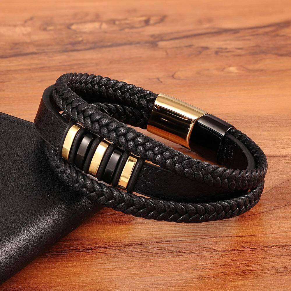 Elegant flätat läderarmband för män – Rostfritt stål, magnetiskt spänne