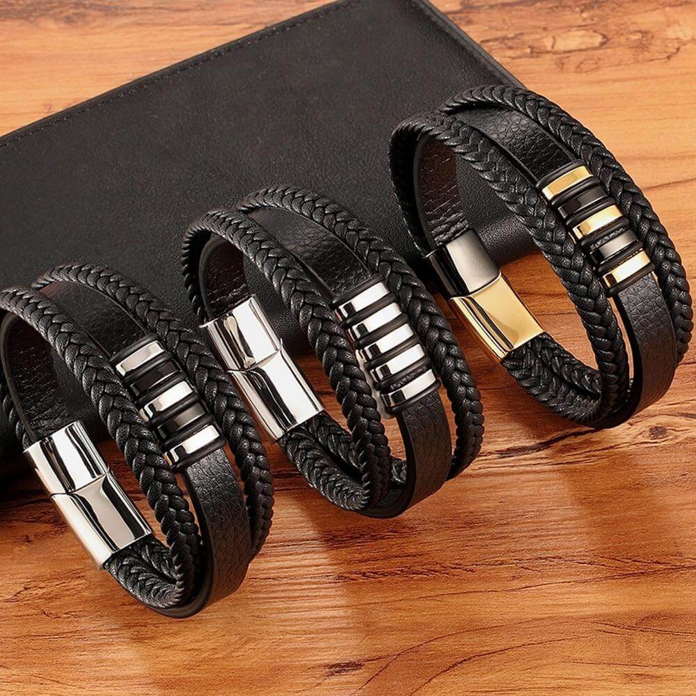 Elegant flätat läderarmband för män – Rostfritt stål, magnetiskt spänne