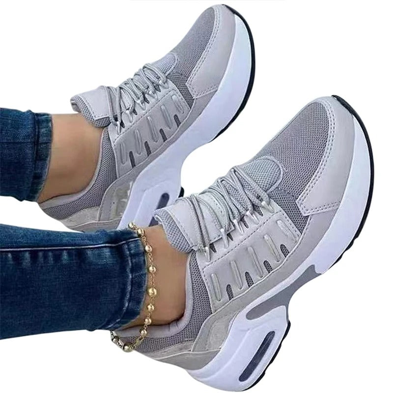 Lätta och stötdämpande sportskor för kvinnor – Grå sneakers med luftkudde och andningsbart mesh