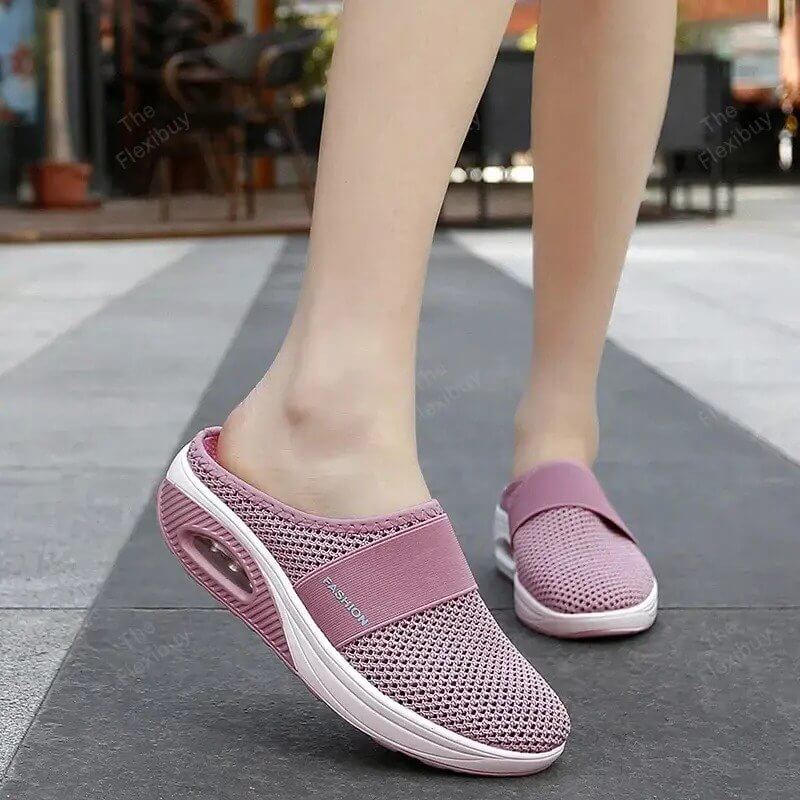 Andningsbara slip-on sneakers för damer – Grå mesh tofflor med luftkudde och halkfri sula