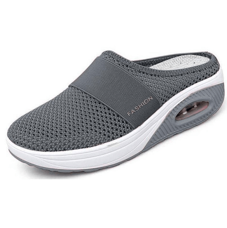 Andningsbara slip-on sneakers för damer – Grå mesh tofflor med luftkudde och halkfri sula