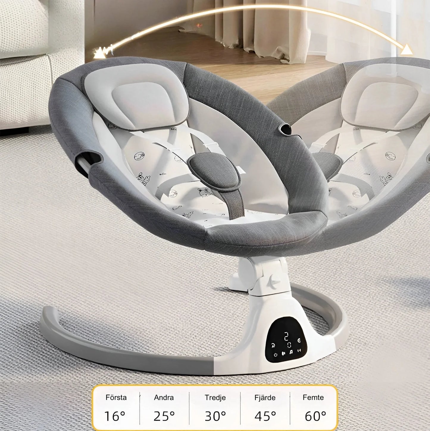 Babygunga Elektrisk by LV – Bluetooth Gunga med App & Fjärrkontroll, Ergonomisk Spädbarnsgunga 0–9 Mån, Rosa/Grå