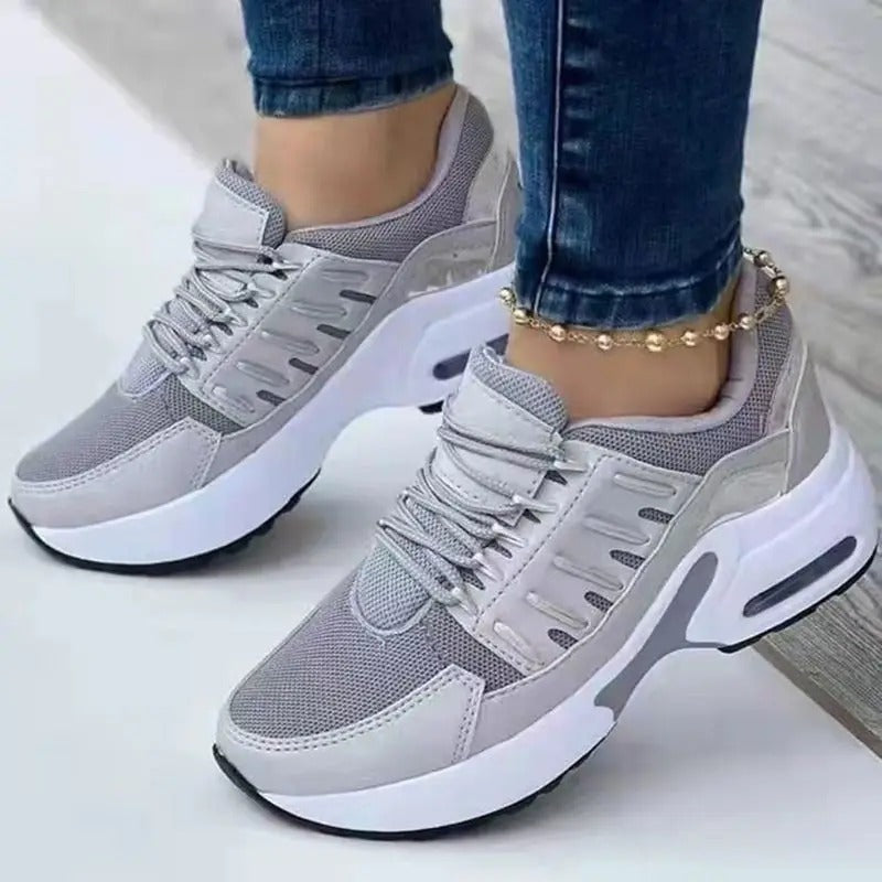 Lätta och stötdämpande sportskor för kvinnor – Grå sneakers med luftkudde och andningsbart mesh