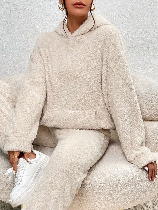 Supermjuk vit teddy lounge set för dam – Hoodie & byxa i fleece