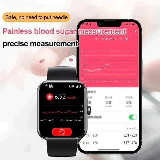 Blodsockermätning Smartwatch – Icke-invasiv, Blodsyre, Hälsospårning, Lång batteritid & Stilren design