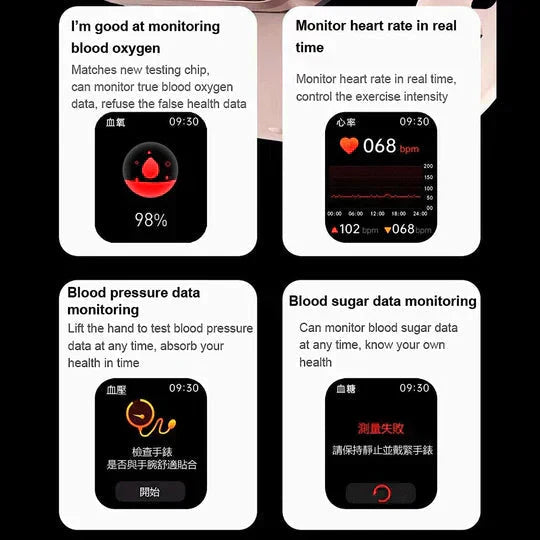 Blodsockermätning Smartwatch – Icke-invasiv, Blodsyre, Hälsospårning, Lång batteritid & Stilren design
