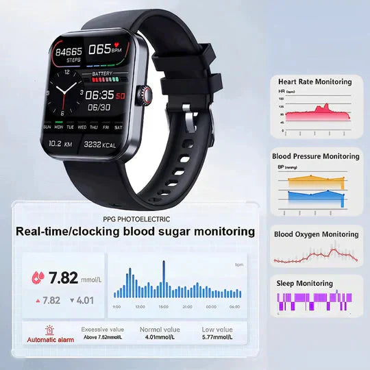 Blodsockermätning Smartwatch – Icke-invasiv, Blodsyre, Hälsospårning, Lång batteritid & Stilren design