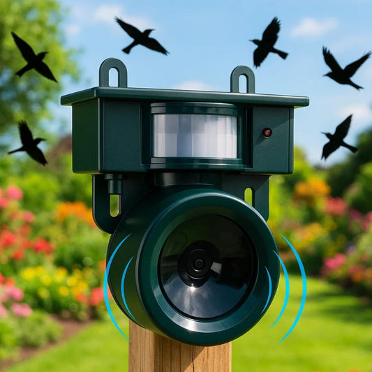 Rörelsestyrd Fågelskrämma med PIR-sensor – Solcellsdriven Ultraljudsenhet med Ljud & Justerbar Frekvens