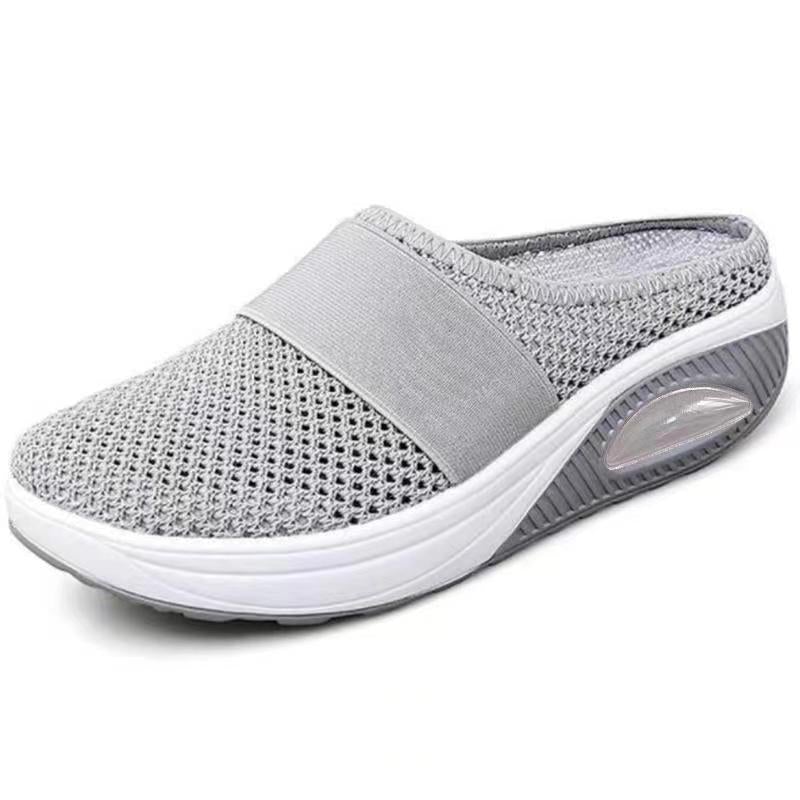 Andningsbara slip-on sneakers för damer – Grå mesh tofflor med luftkudde och halkfri sula
