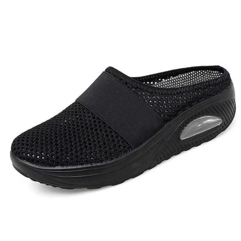 Andningsbara slip-on sneakers för damer – Grå mesh tofflor med luftkudde och halkfri sula