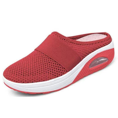 Andningsbara slip-on sneakers för damer – Grå mesh tofflor med luftkudde och halkfri sula