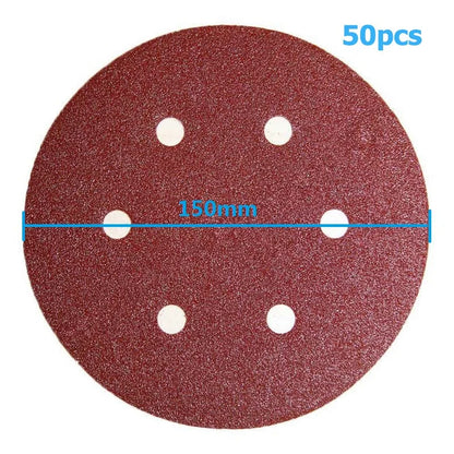 50-pack Sliprondeller 6" (150 mm) – 6 hål | Aluminiumoxid | Kardborrefäste