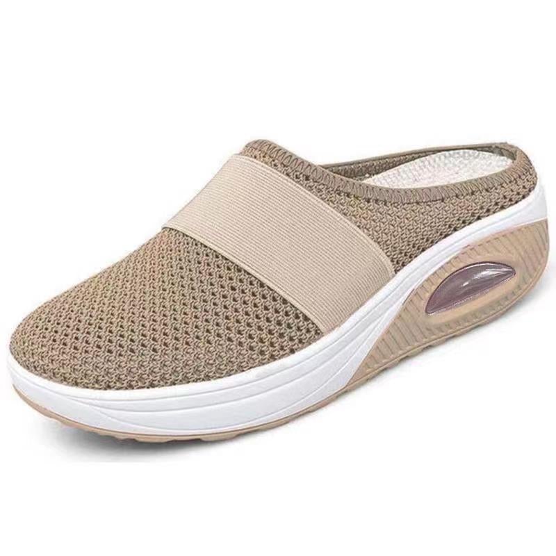 Andningsbara slip-on sneakers för damer – Grå mesh tofflor med luftkudde och halkfri sula