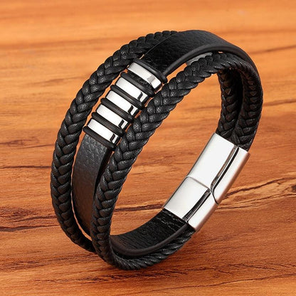 Elegant flätat läderarmband för män – Rostfritt stål, magnetiskt spänne