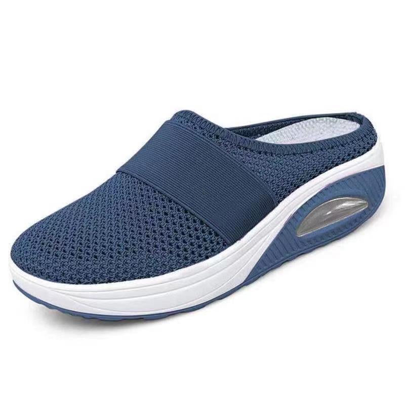 Andningsbara slip-on sneakers för damer – Grå mesh tofflor med luftkudde och halkfri sula