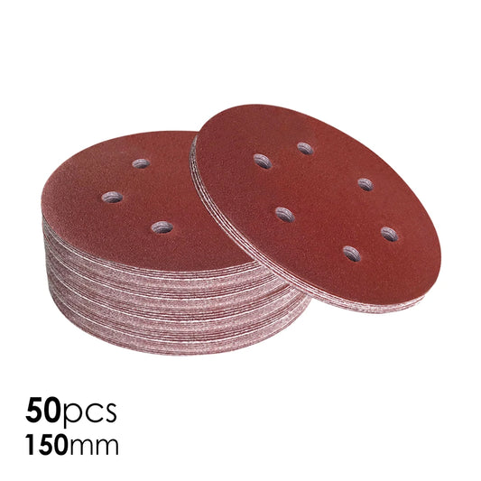 50-pack Sliprondeller 6" (150 mm) – 6 hål | Aluminiumoxid | Kardborrefäste