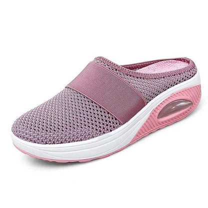 Andningsbara slip-on sneakers för damer – Grå mesh tofflor med luftkudde och halkfri sula