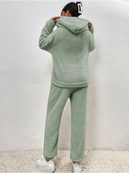 Supermjuk vit teddy lounge set för dam – Hoodie & byxa i fleece